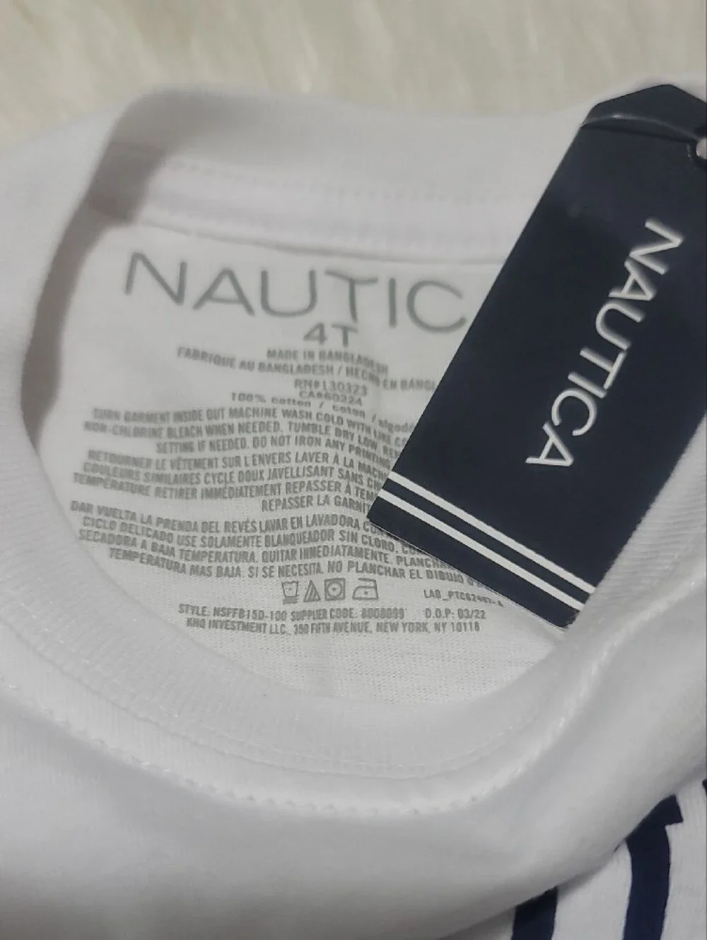 Nautica White Tee with Navy Logo and Nautical Flag Accents